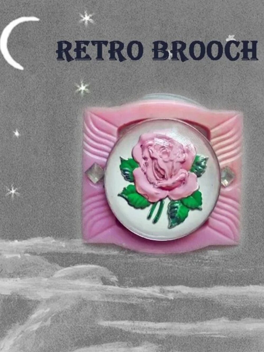 Pink Rose Brooch With Vintage Goofus Glass 50s Kitsch Breast Cancer Awareness
